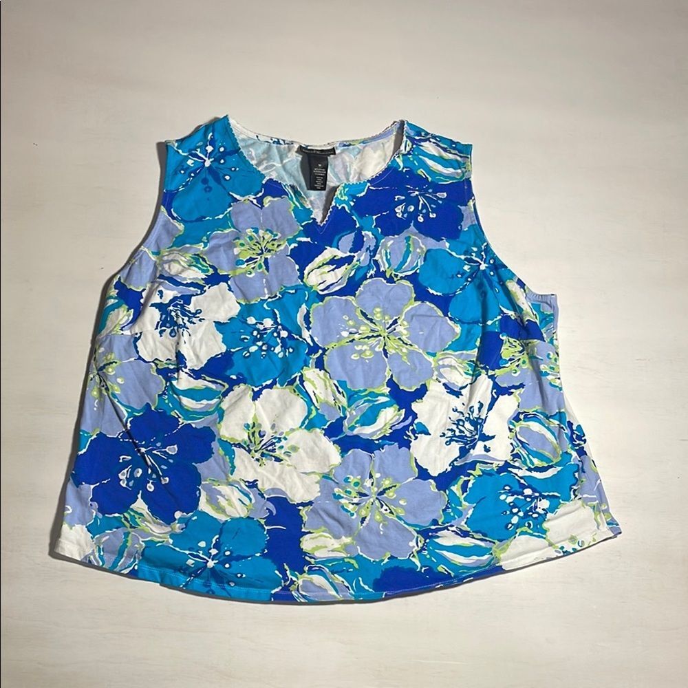 Alfred Dunner Women’s Floral Tank Top 3X Blue Sleeveless Plus Size Summer Beach